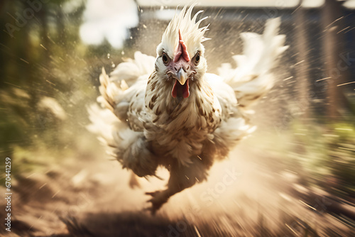 Chicken running i the wild on a sunny day, motion blurred, high speed, egg chicken, hunted chicken