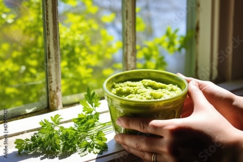 hand holding a bowl of fava bean dip by a sunny window