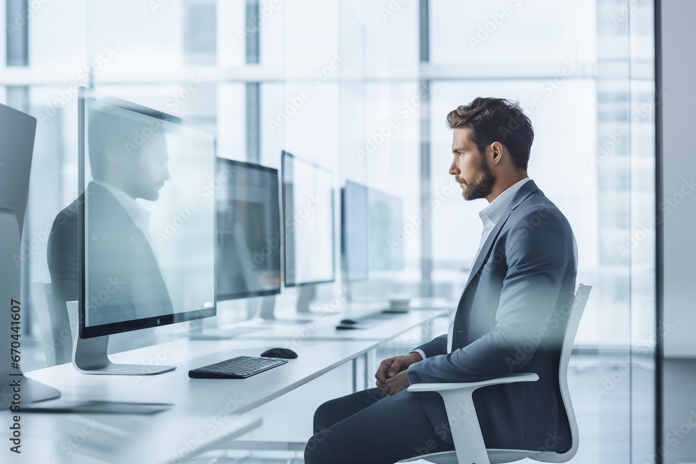 Man at computer, software developer working on coding script or cyber security in bright modern office Man at computer, software developer working on coding script or cyber security in bright modern office