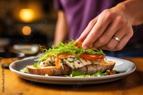 hand placing a piece of fish on an open-faced sandwich