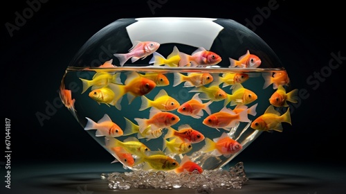 A group of colorful fish in a clear bowl placed safely under an umbrella, a twist on the beach theme.
