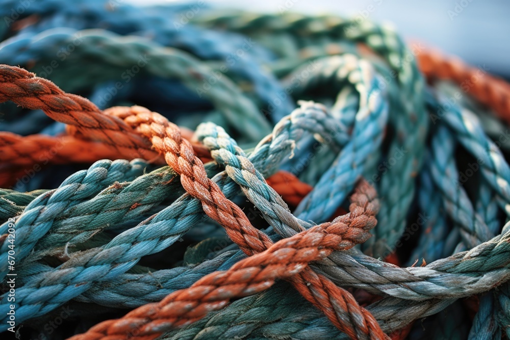 close-up image of ropes and knots used in fishing boat