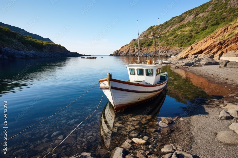 empty fishing boat anchored in rocky bay