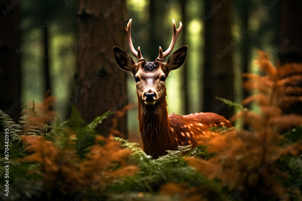 Deer in the woods standing and looking into the picture Deer in the woods standing and looking into the picture