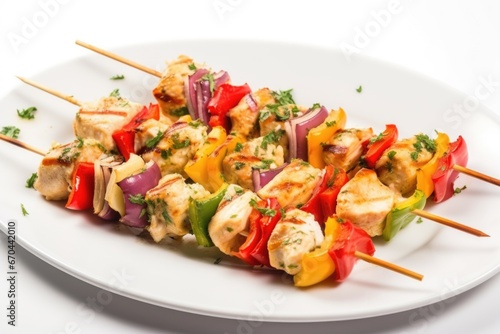 multicolored fish skewers on a clean white plate
