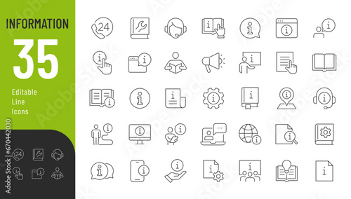 Information Line Editable Icons set. Vector illustration in thin line modern style of manual related icons: book, support, guide reading, info center, and more. Isolated on white