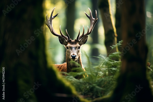 Deer in the woods standing and looking into the picture