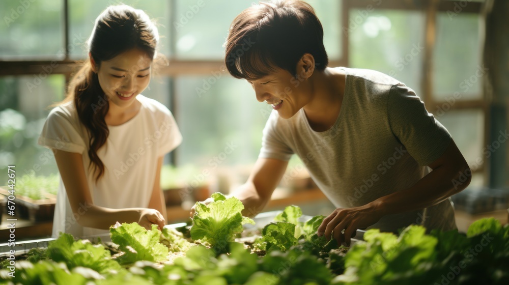 Naklejka premium Asian male and female picking fresh lettuce salad at greenhouse