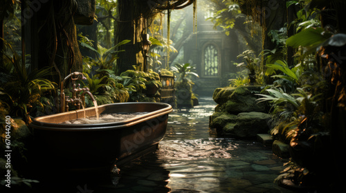 Bath tub in the jungle book forest  ai generated 