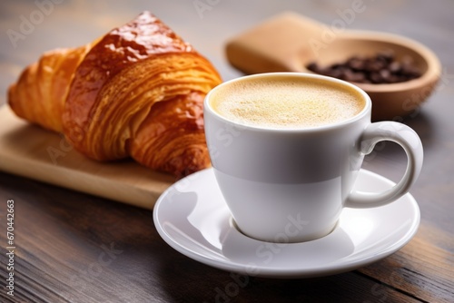 a cup of coffee next to a croissant