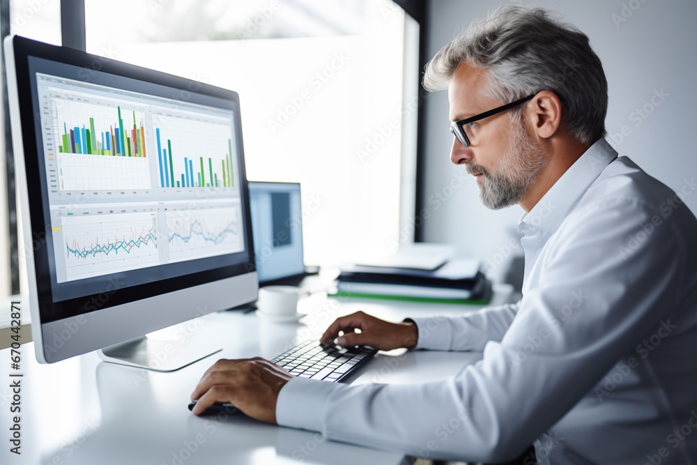 Business man trader big data analyst looking at computer monitor, stock broker analysing indexes, financial chart trading online on screen