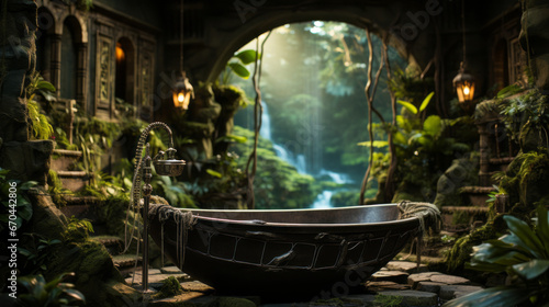 Bath tub in the jungle book forest  ai generated 