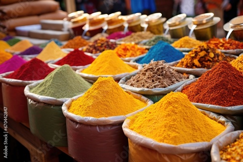 spices arranged in colorful heaps at an open-air market