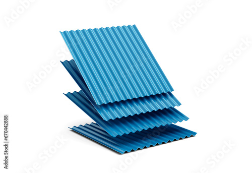 3d Sea Blue Falling Metallic Stacks Of Corrugated Galvanised Iron For Roof Sheets 3d Illustration photo
