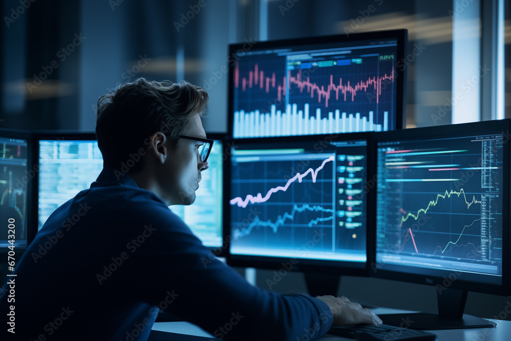 Business man trader big data analyst looking at computer monitor, stock broker analysing indexes, financial chart trading online on screen Business man trader big data analyst looking at computer monitor, stock broker analysing indexes, financial chart trading online on screen