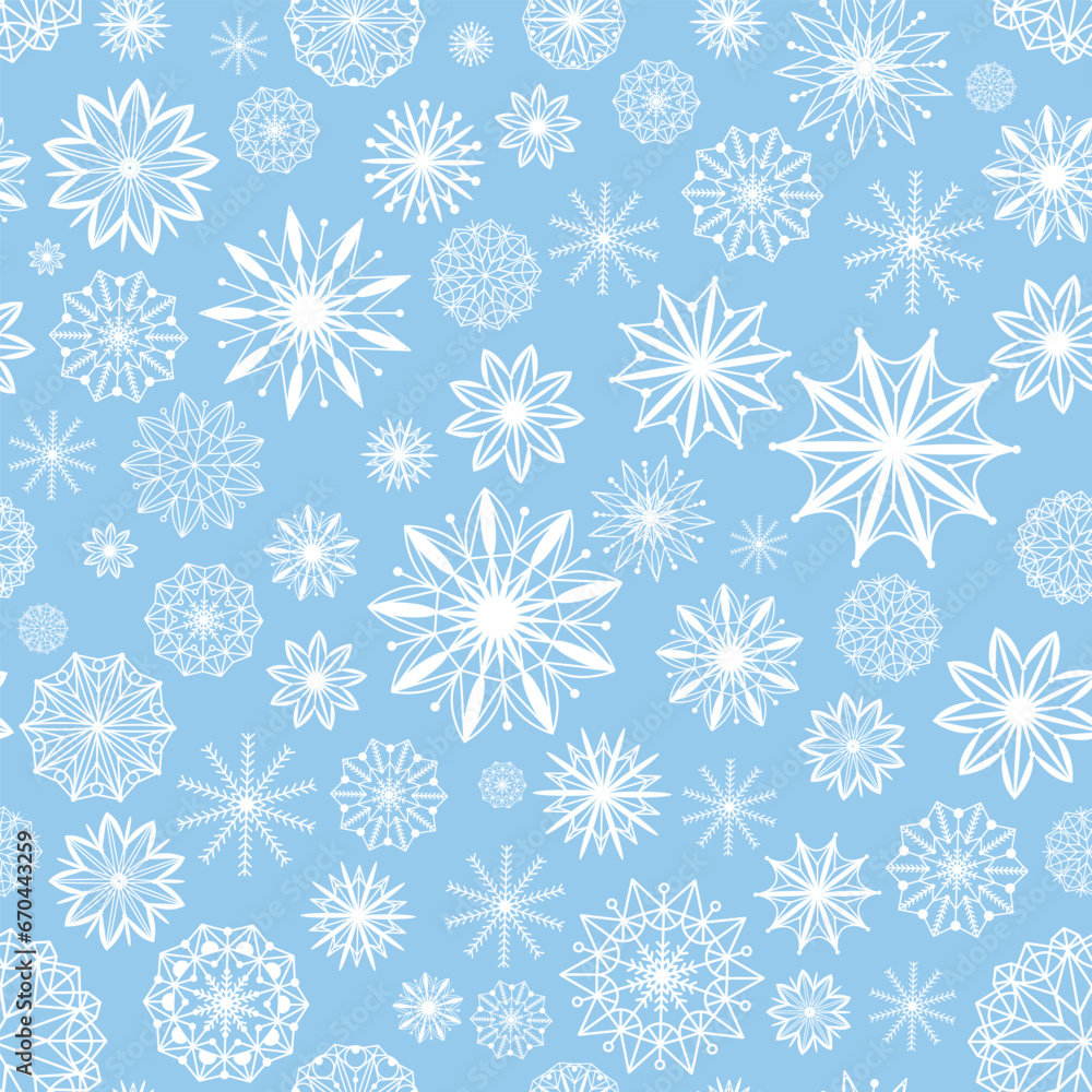 Beautiful neutral snowflakes seamless pattern. White snowflakes decorated with circles and dots background. Christmas and New Year theme. Winter print for wallpaper, textile, wrapping, paper
