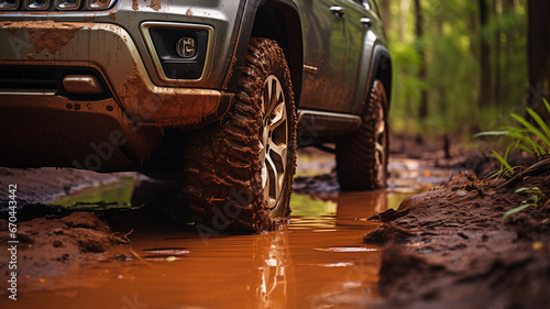 A big wheel of the 4x4 off-road car driving on terrain route in the jungle. Adventure in extreme and challenge transportation.	
