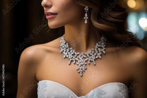 A beautiful bride wearing luxury diamond necklet in wedding cloth. Close-up at the necklet.