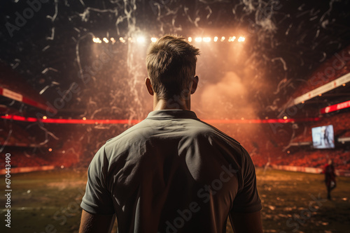 Back of a football player is walking to the football pitch. Sport in challenge moment concept scene. 