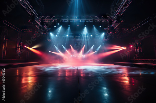 Vibrant Retro Disco Dance Floor An Empty Night Club Stage Alight with Red and Blue Spotlights, Laser Beams, Billowing Smoke, and Groovy Party Vibes. created with Generative AI