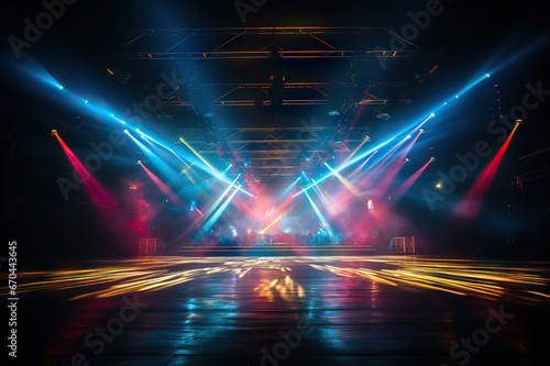 Vibrant Retro Disco Dance Floor An Empty Night Club Stage Alight with Red and Blue Spotlights, Laser Beams, Billowing Smoke, and Groovy Party Vibes. created with Generative AI