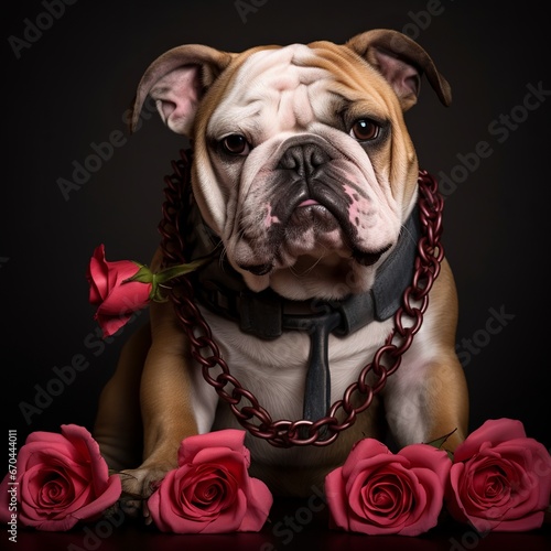 illustration of valentines bulldog dog with rose in mouth as a mugsh, Generative ai © rajesh