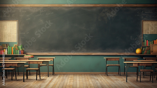 Empty interior of a school class with desks and chairs, space for text on the blackboard. photo