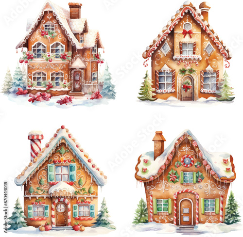 Watercolor gingerbread Christmas house vector illustration wallpaper background graphics painting art card poster print interior - generative AI
