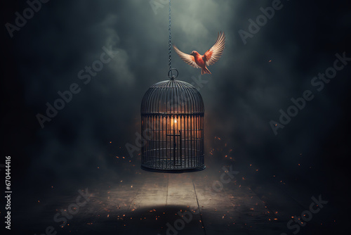 An open birdcage with a bird taking flight signifies the profound joy and liberation experienced through newfound freedom photo