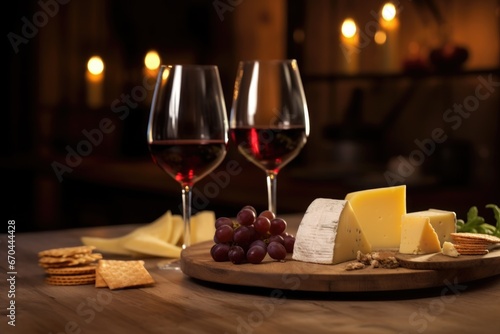 a wine glass alongside a cheese platter on a rich wooden table