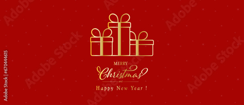 Birthday, Christmas, greeting card. Shiny color gold gift box design element with glitter effect on dark background. Gold and red colour  Horizontal banner. Vector Illustration.