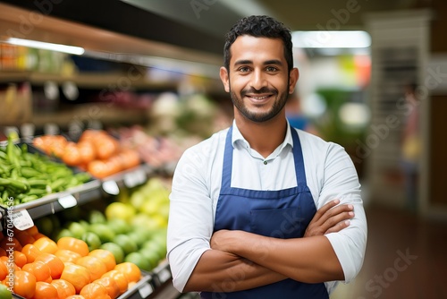 Portrait of a handsome seller with arm crossed in supermarket. Portrait of smiling man wearing apron at supermarket 