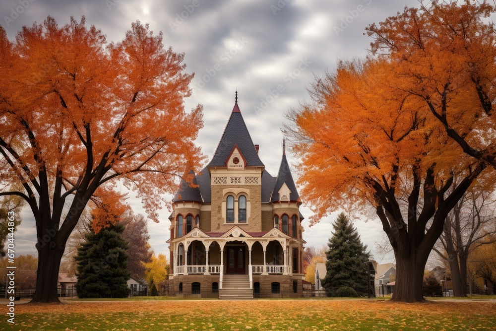 trees framing a gothic revival mansion and its high battlements