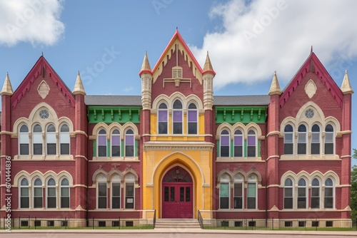 gothic revival school building with colorful pointed arch windows