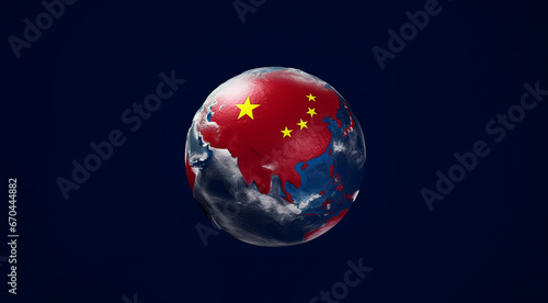 Flag of china and the earth. world domination. China with embedded flag on planet. 3D illustration with highly detailed realistic planet. The globe and China taking over the world concept Copy space