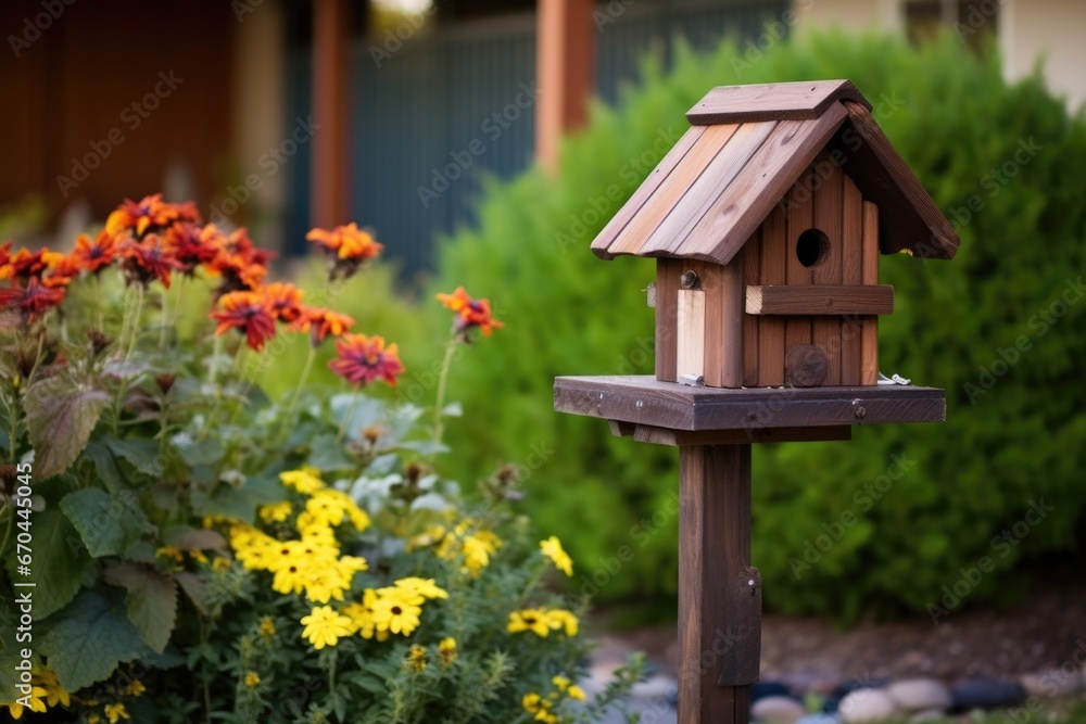 handmade wooden birdhouse on a pole