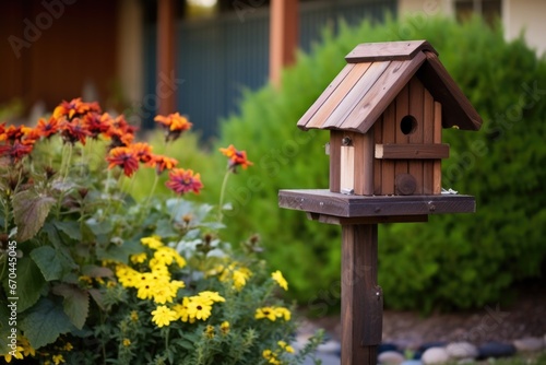 handmade wooden birdhouse on a pole