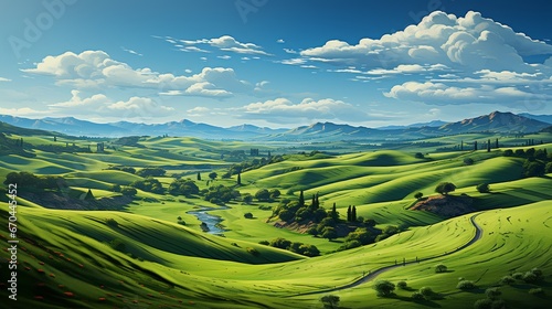 Fresh green landscape with sky and hills and mountains , Created with generative Ai © Sanuar_husen