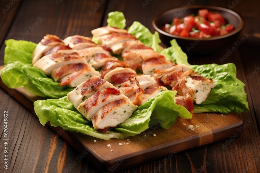 sliced, grilled chicken on bacon bits sprinkled over lettuce sliced, grilled chicken on bacon bits sprinkled over lettuce