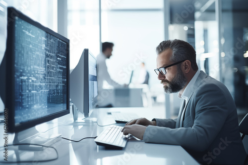 Man at computer, software developer working on coding script or cyber security in bright modern office