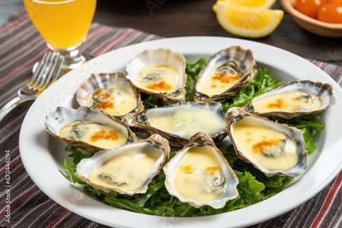 grilled oysters on a bed of greens with garlic sauce in a bowl