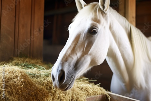 a white horse eating hay in a stable