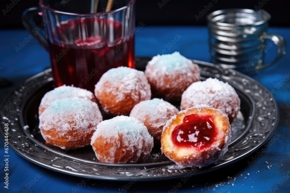 doughnuts with jelly filling on a blue tray