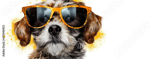 Cool dog head with sunnglases on white background. happy color wide photo.