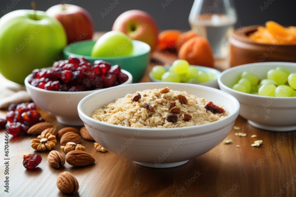 a freshly made bowl of oatmeal with fruits and nuts on a kitchen counter