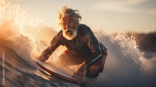 mature man surfing, catching a wave on a surfboard
