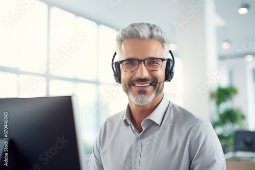 Smiling confident customer service executive with headset working in call center. Looking at camera.