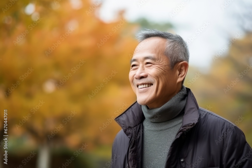 Portrait of a senior Japanese man smiling in a park in autumn - obrazy, fototapety, plakaty 