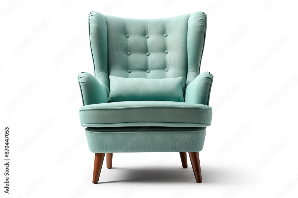 Fototapeta premium Classic armchair art deco style in turquoise velvet with wood legs isolated on white background.