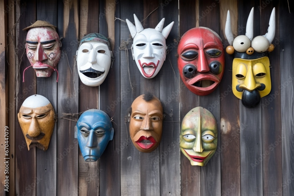 an array of funny masks on an old wooden wall an array of funny masks on an old wooden wall